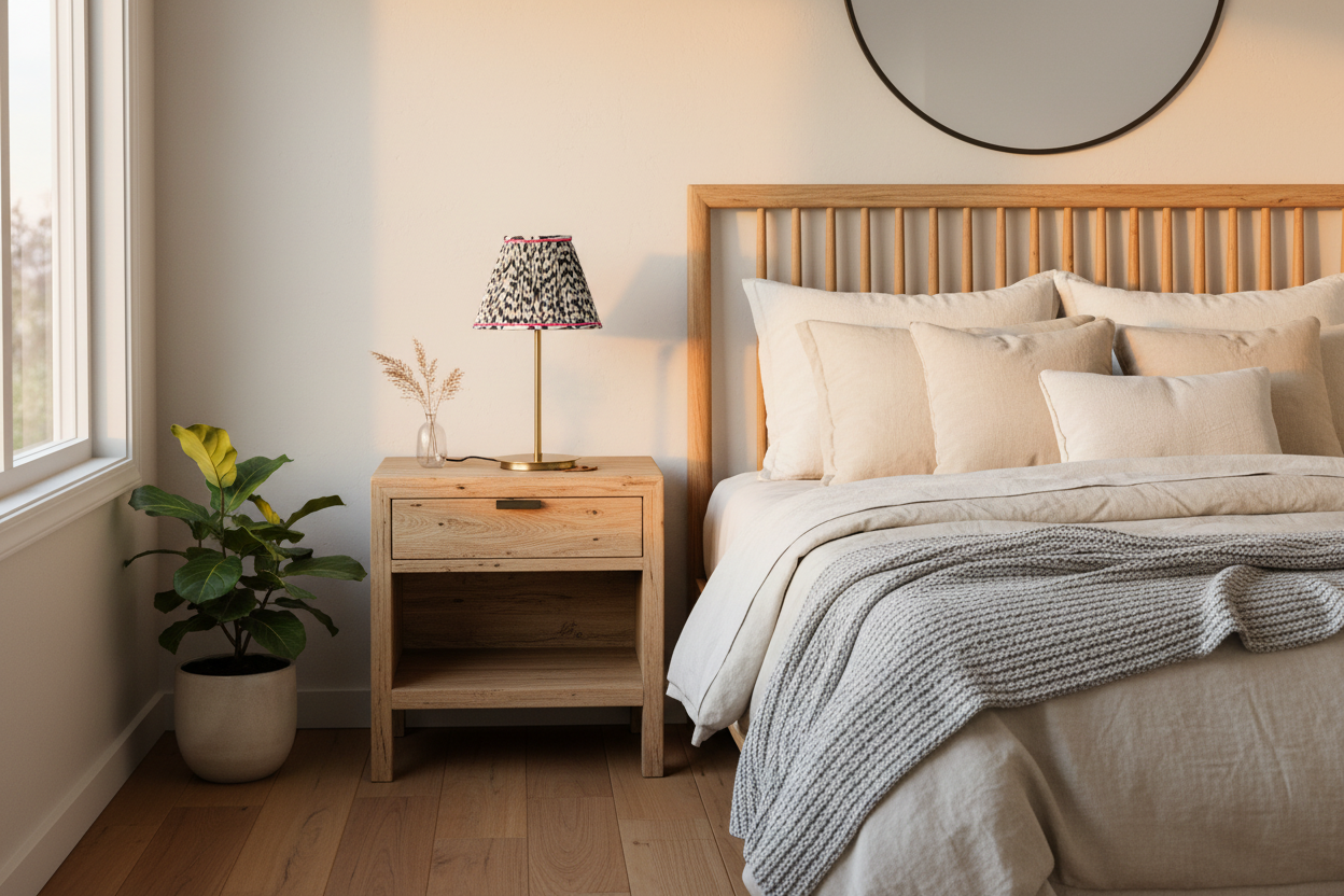 Abat-jour pied-de-poule dans chambre moderne rustique