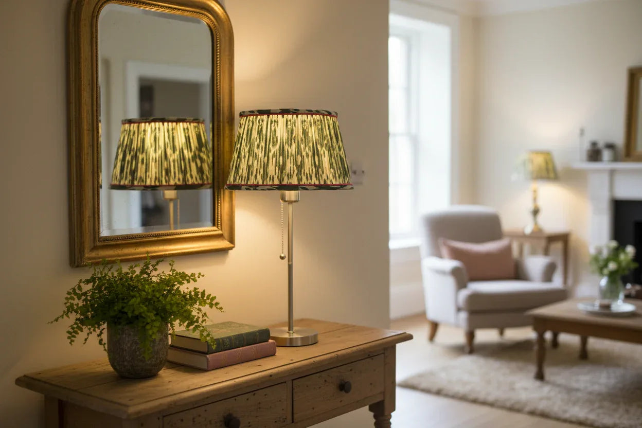 Abat-jour plissé Ikat vert et beige finition rose. Abat-jour pour pied de lampe artisanal