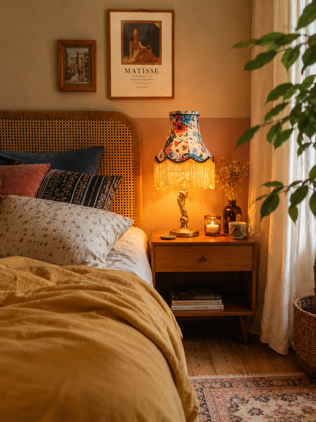 abat jour pagode vintage utilisé comme lampe de chevet dans une chambre cocooning