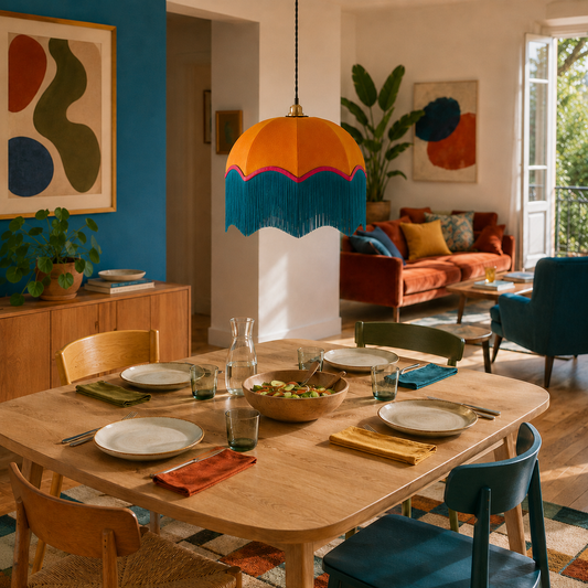 abat-jour suspension vintage en forme de dome avec des franges au dessus d'une table de salon. Réalisé à Rennes en Bretagne