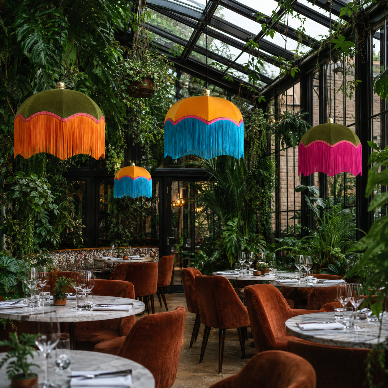 abat-jour suspension vintage dome frange velours dans un restaurant. Fabriqué à Rennes