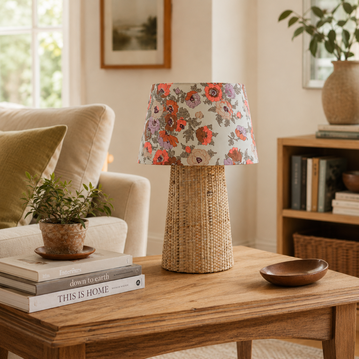 lampe à poser pied en raphia et abat jour fleuri en liberty dans un salon