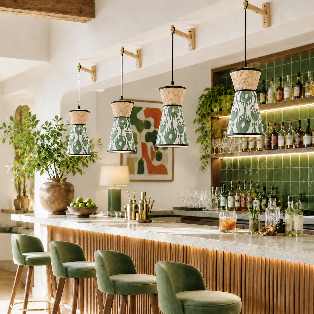 suspension baladeuse ikat et raphia au dessus d'un bar