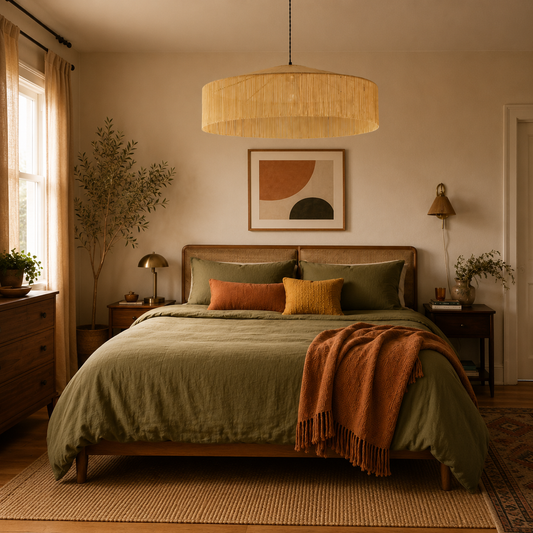 suspension artisanale en raphia XL avec franges beiges placée au dessus d'un lit dans une chambre