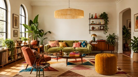 abat-jour à frange écrues en raphia dans un salon contemporain coloré