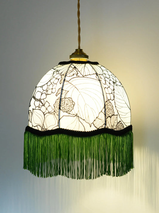 Baladeuse dôme vintage tissu noir et blanc/franges vertes - Lumière à tous les Etages 