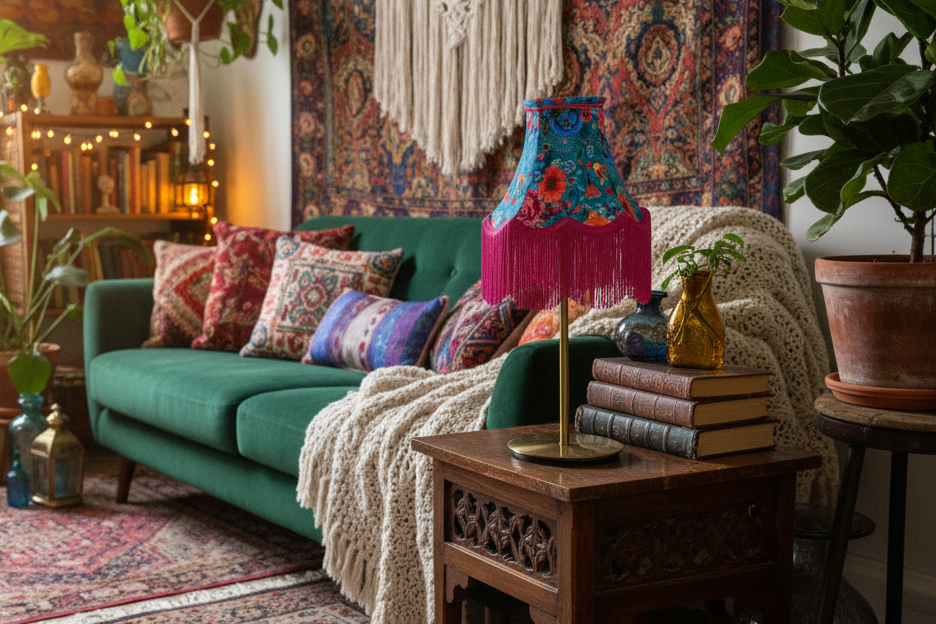 Abat-jour fleuri à franges dans intérieur bohème