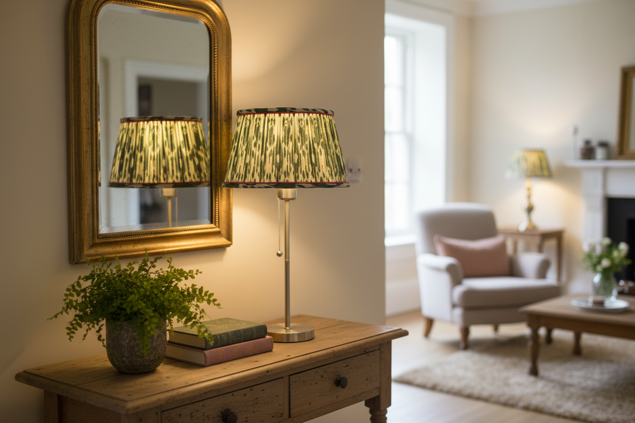 Abat-jour ikat sur console dans salon cosy