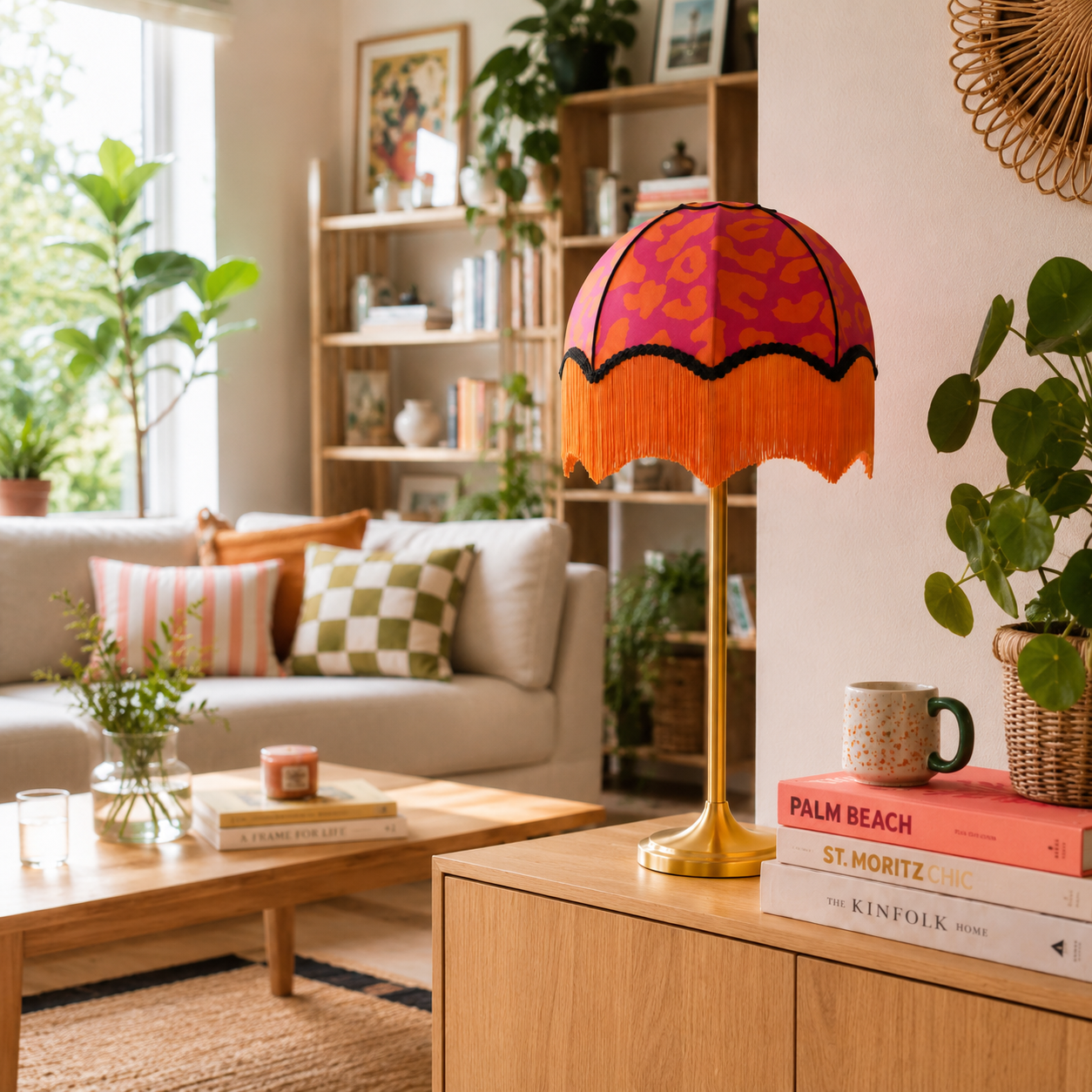photo d'un abat-jour dome leopard rose et orange dans un salon