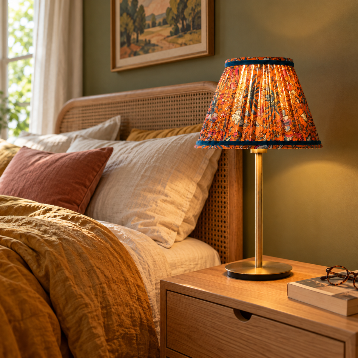 petit abat-jour plissé tissu indien servant de lampe de chevet dans une chambre. Réalisé à la main