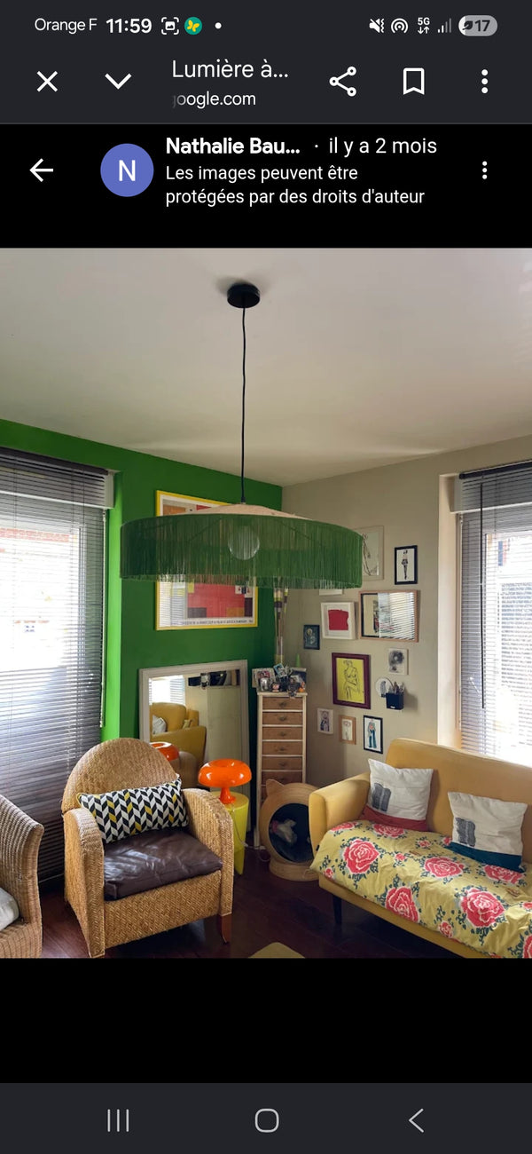 abat jour artisanal sur mesure en raphia et franges vertes