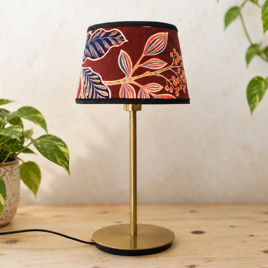 abat-jour conique fleuri en velours bordeaux et finitions noires