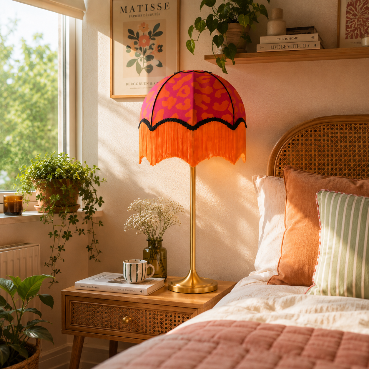 abat jour dome leopard rose et orange en lampe de chevet dans une chambre