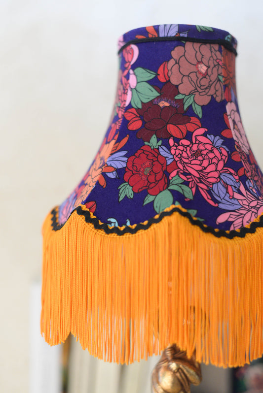 abat jour pour pied de lampe vintage en tissu de velours violet et franges orange