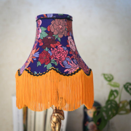 abat jour pour pied de lampe vintage en tissu de velours violet et franges orange