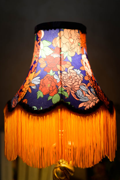 abat jour pour pied de lampe vintage en tissu de velours violet et franges orange