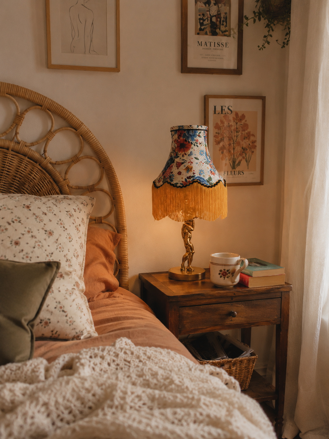 abat jour pagode vintage avec un tissu en velours fleuri et franges orange qui sert de lampe de chevet dans une chambre cosy