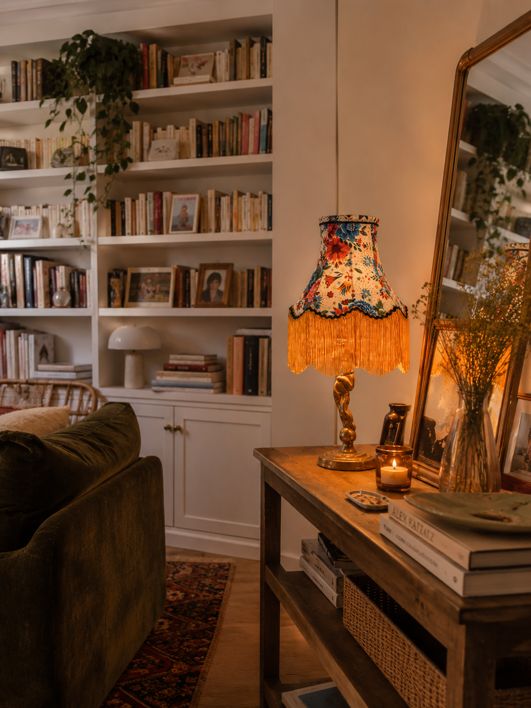 abat jour pagode vintage avec frange éclairé dans un salon sur une console proche d'une bibliothèque