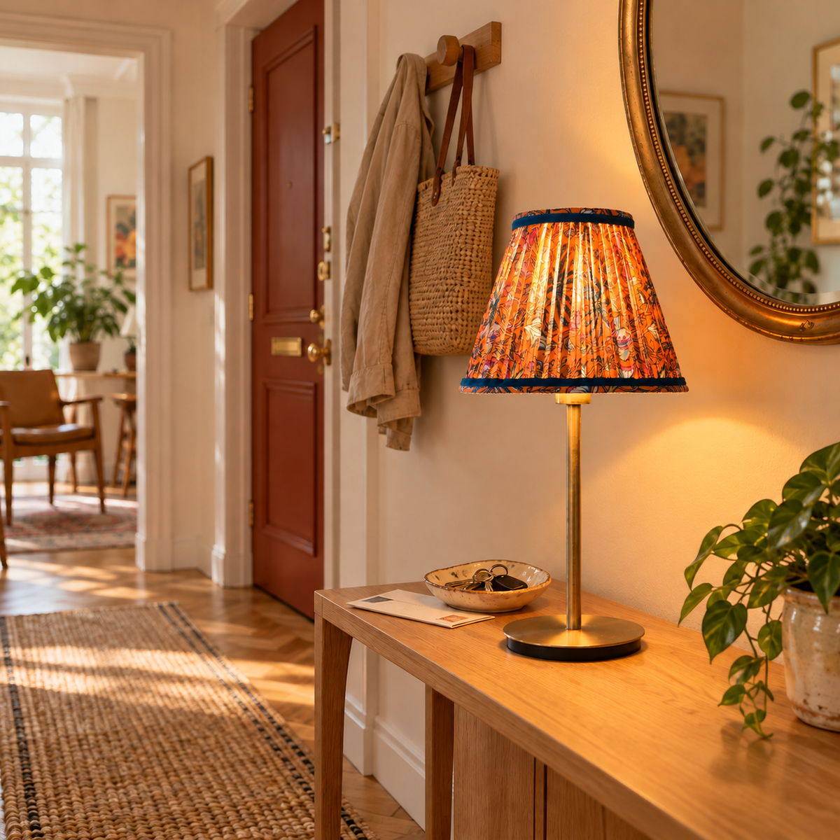 abat-jour plissé réalisé à la main en tissu indien orange. Lampe d'appoint dans une entrée