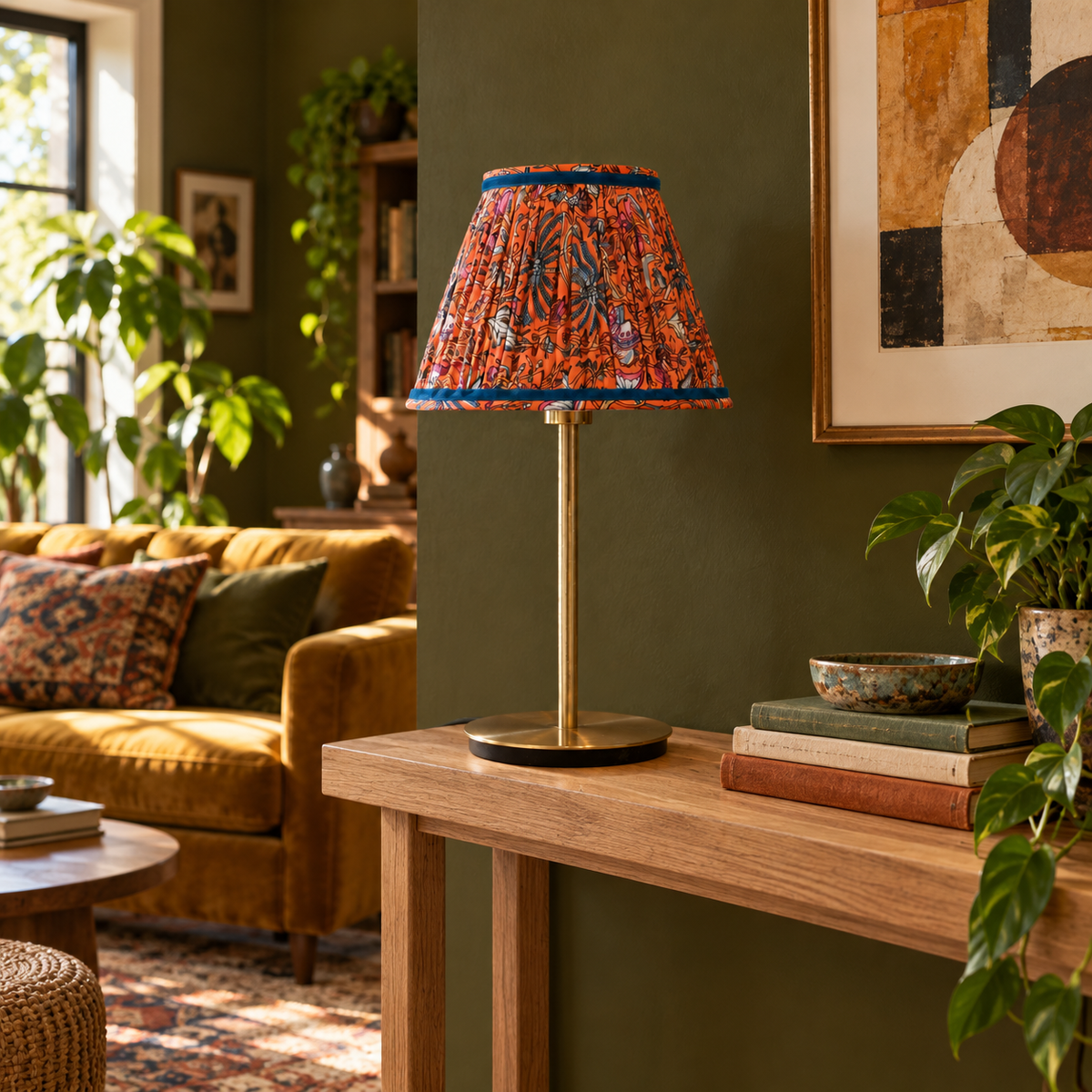 abat jour plissé sur un pied de lampe sur une console dans un salon. Réalisé à la main en Bretagne