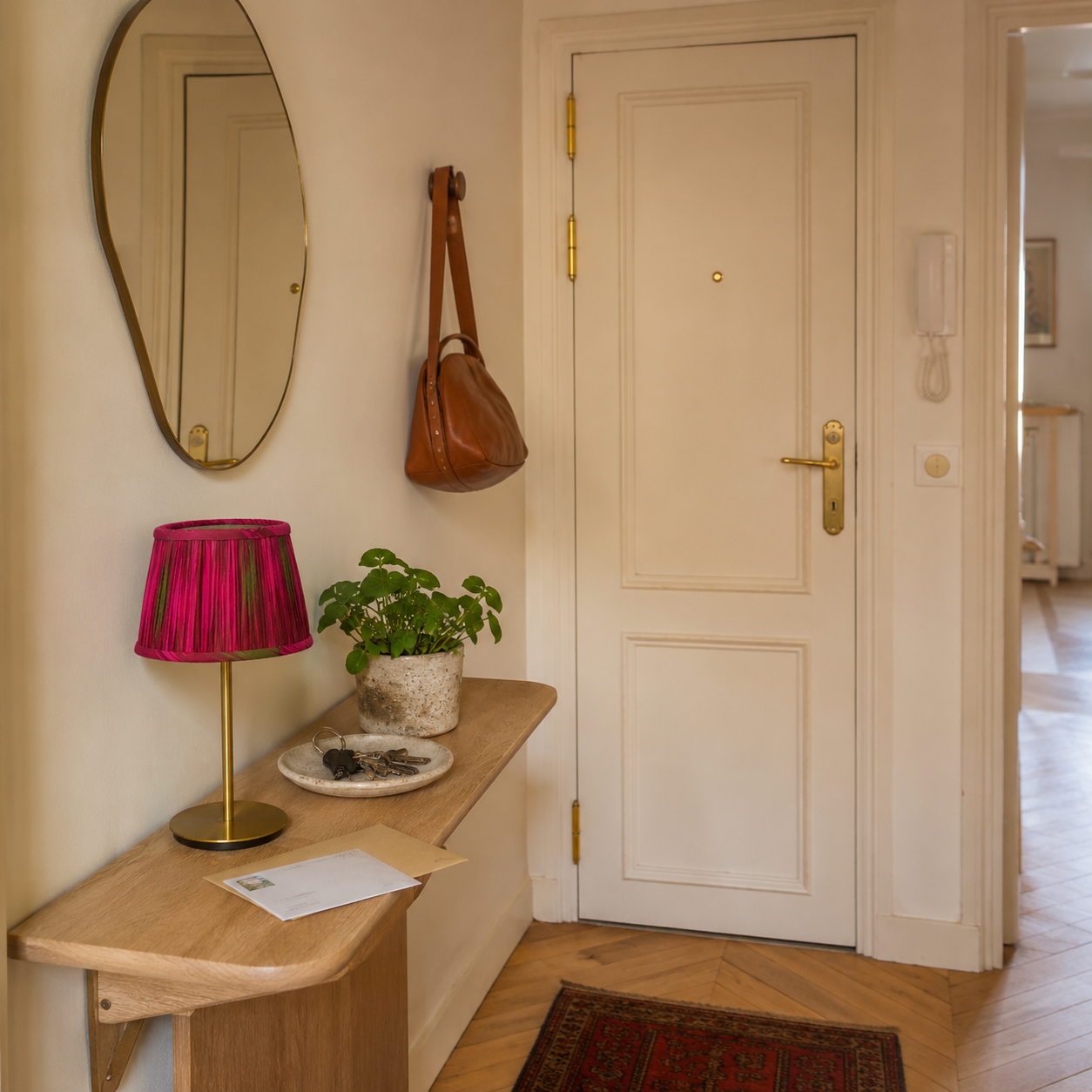abat jour plissé original fuchsia dans une entrée. Lampe d'appoint artisanale fabriquée en Bretagne