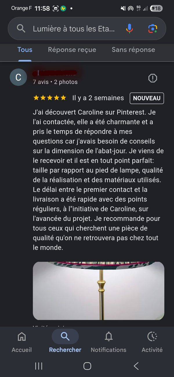 capture écran d'un avais laissé suite à la réalisation d'un abat jour artisanal sur mesure
