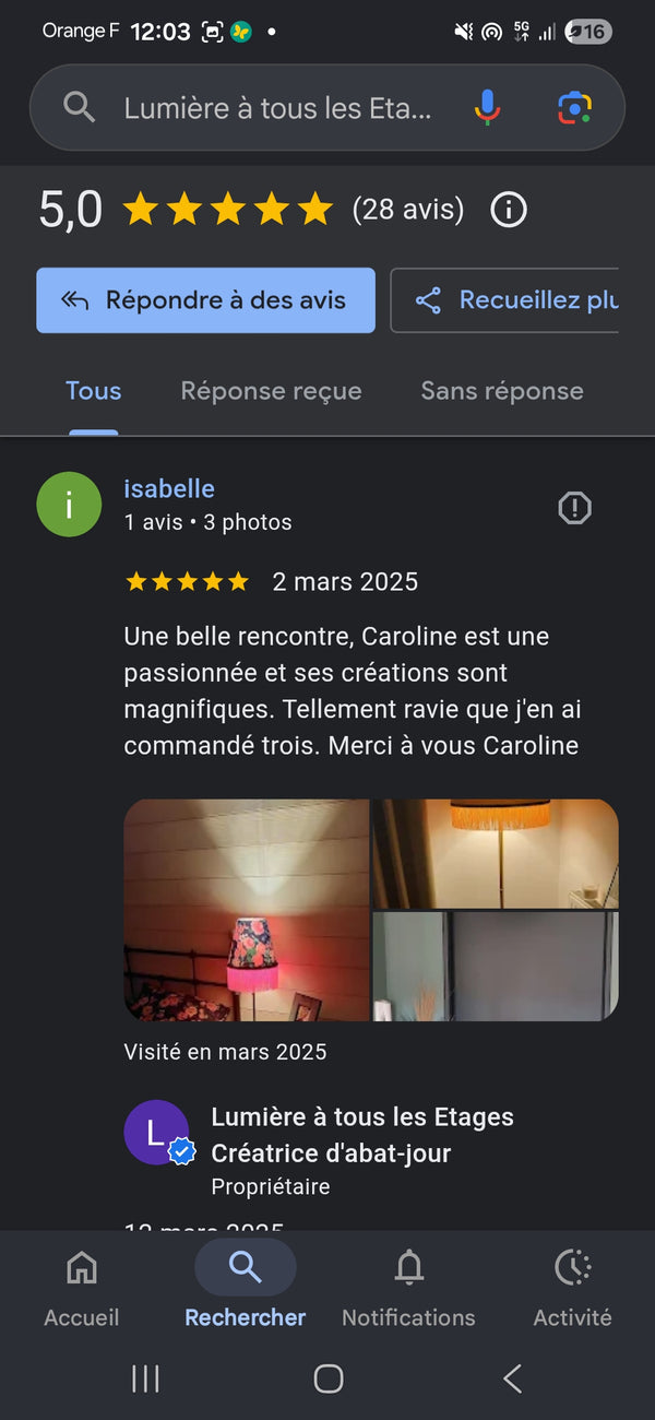 avais d'une cliente suite à la commande d'un abat-jour sur mesure