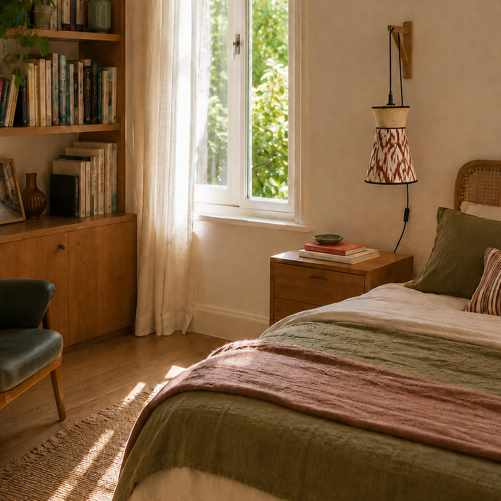 lampe de chevet en suspension baladeuse bimatière iat et raphia