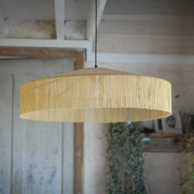 grande suspension raphia franges luminaire salon fait main 