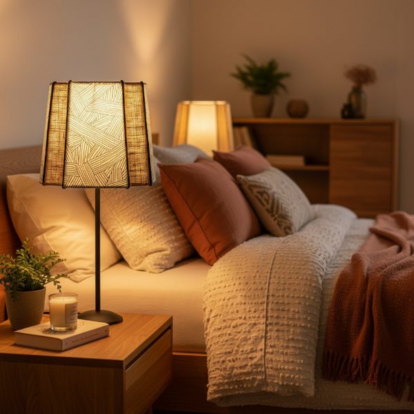 Lampe de chevet dans chambre cosy et chaleureuse