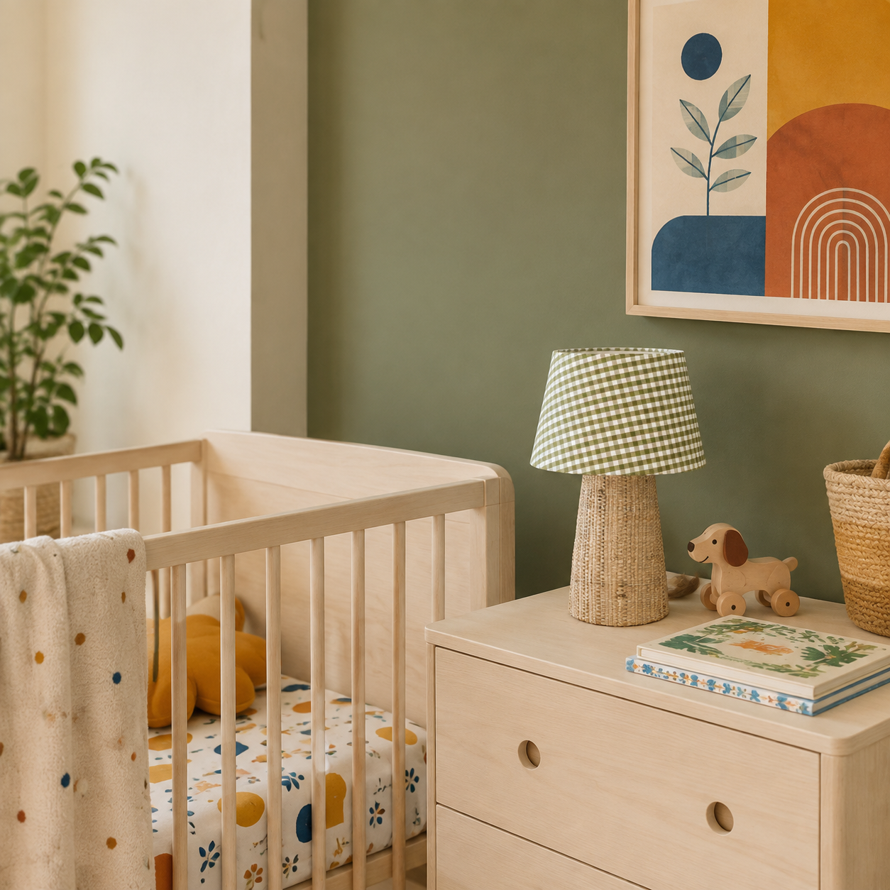 lampe d'appoint en vichy vert et raphia dans une chambre bébé. Fabrication artisanale en Bretagne