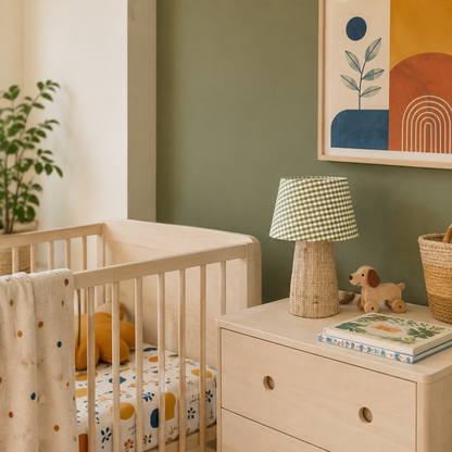lampe d'appoint en vichy vert et raphia dans une chambre bébé. Fabrication artisanale en Bretagne