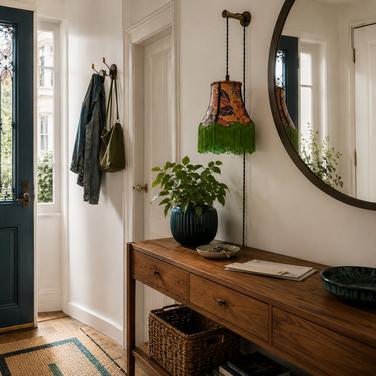 lampe baladeuse suspendue dans une entrée. Forme pagode avec frange. Luminaire fabriqué en Bretagne