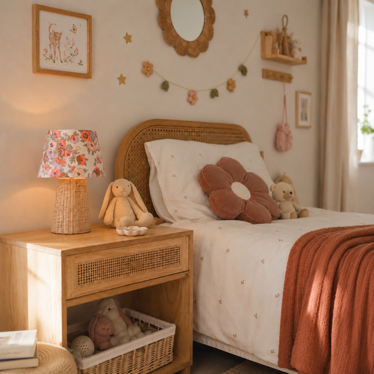 lampe à poser en raphia et tissu fleuri dans une chambre enfant