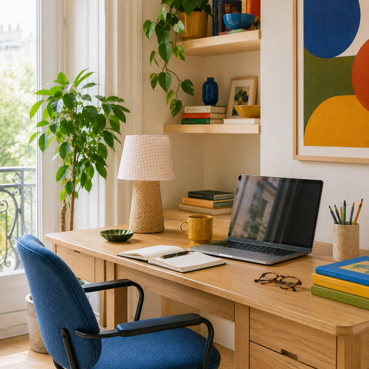 une lampe à poser en raphia et tissu rose et pois oranges sur un bureau. Fabrication en Bretagne