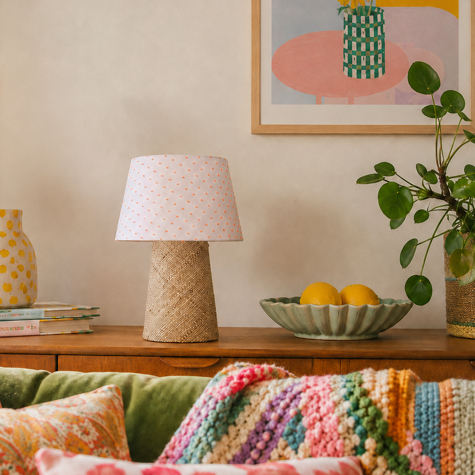 lampe à poser sur une console dans un salon coloré. Pied en raphia. Fabrication artisanale en Bretagne