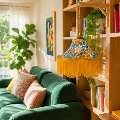 baladeuse pagode tissu liberty suspendue à une étagère