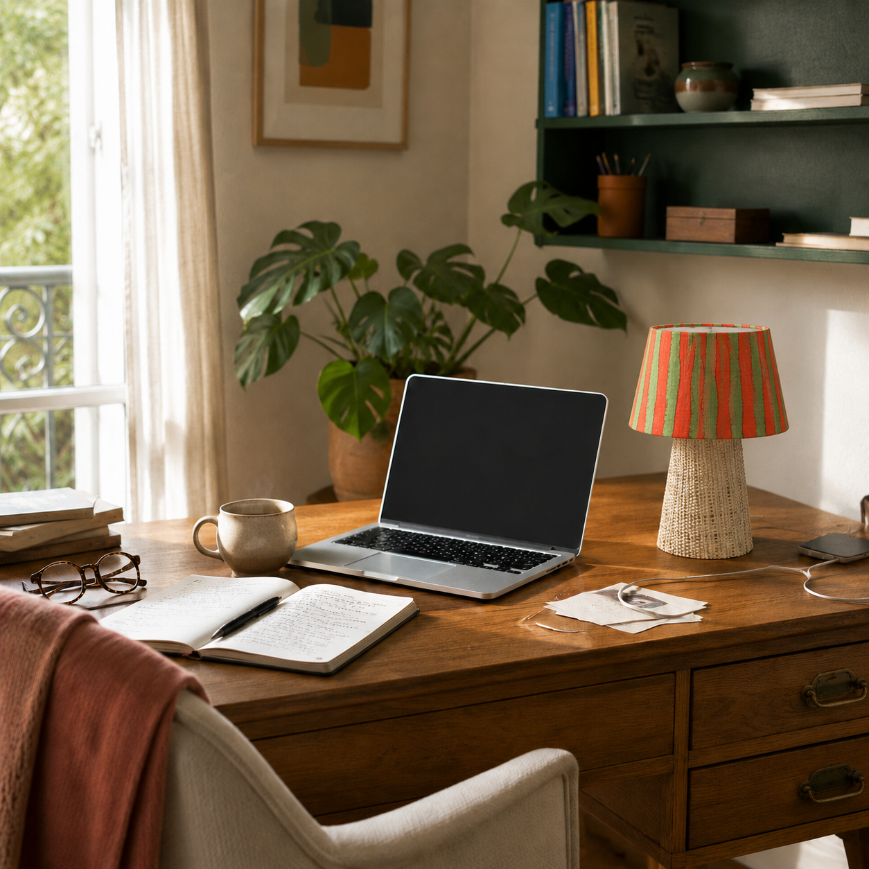 Lampe Mado fidèle au modèle réel sur un bureau vivant, lumineux et coloré