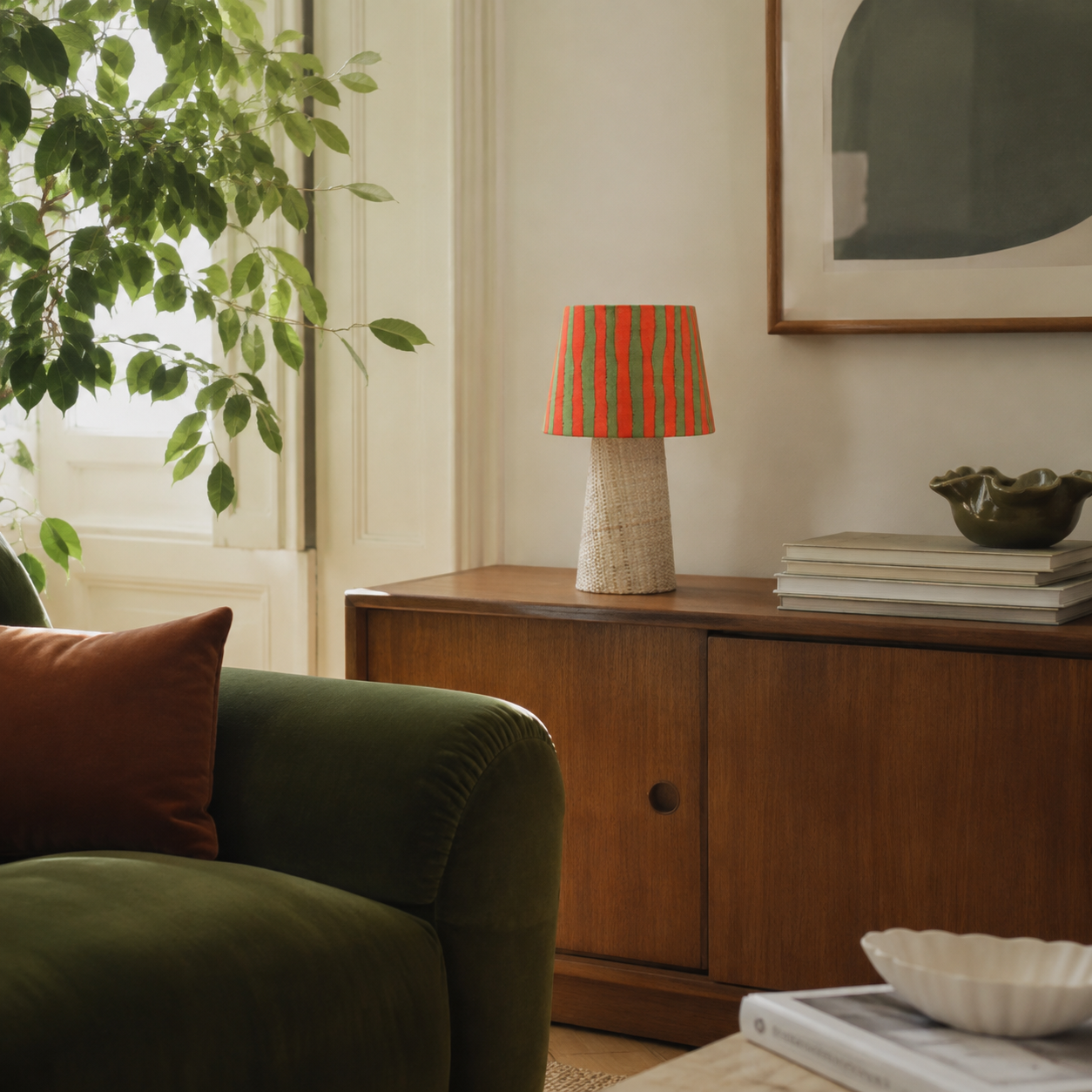 Lampe à poser Mado en raphia et tissu rayé orange et vert dans un salon contemporain et vintage