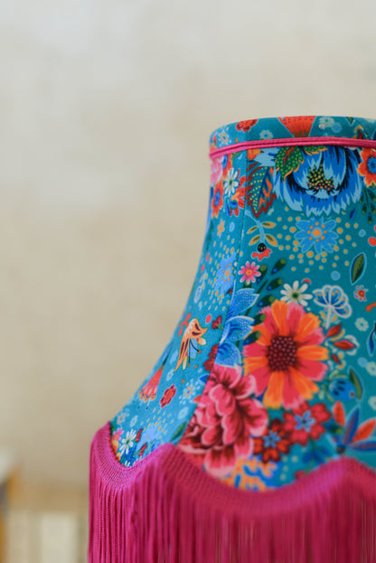 petit abat-jour pagode à franges vintage aux couleurs vibrantes. Tissu de velours. Fabrication artisanale rennes