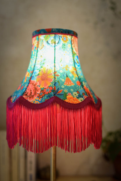 petit abat-jour pagode à franges vintage aux couleurs vibrantes. Tissu de velours. Fabrication artisanale rennes