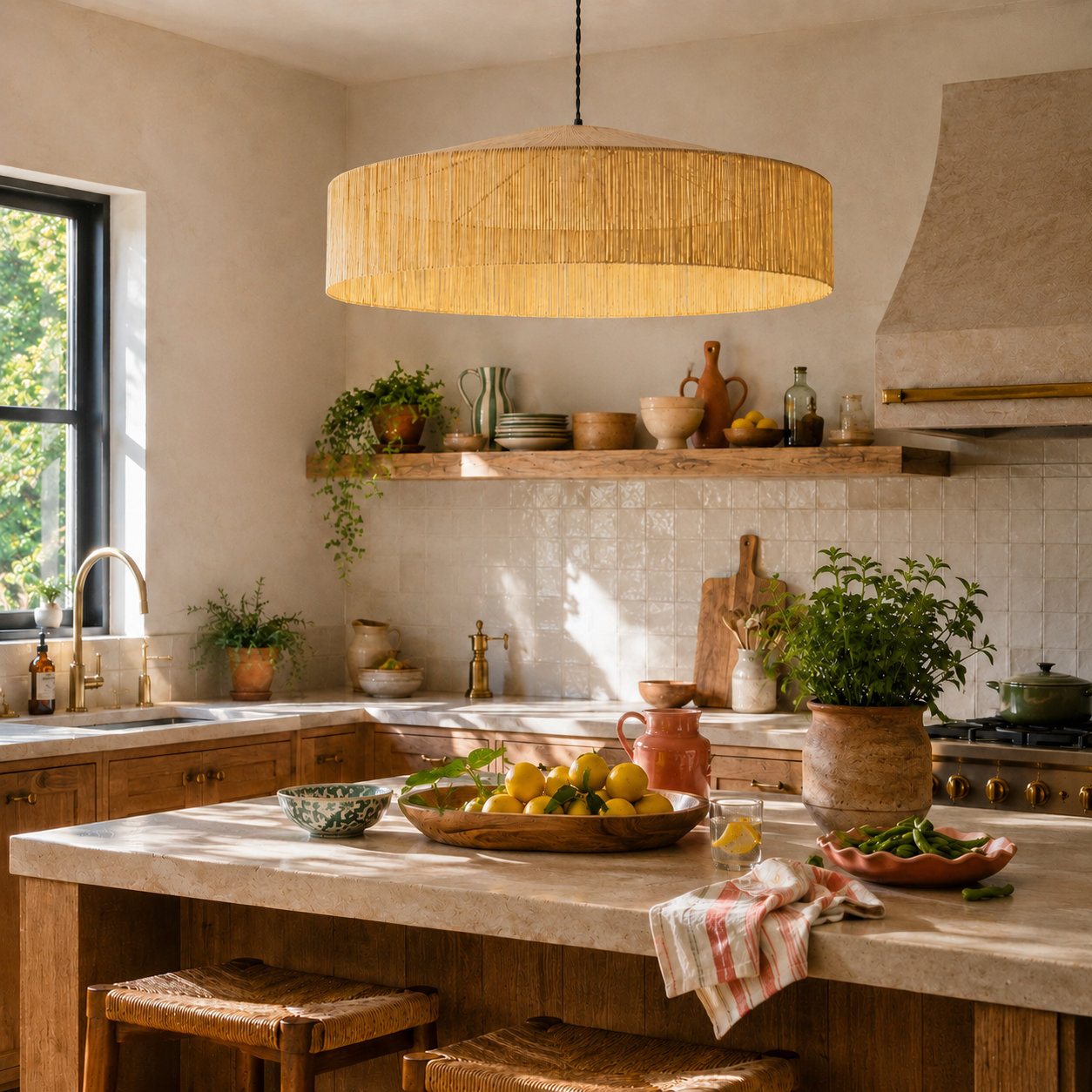 suspension en raphia artisanale XL dans une cuisine