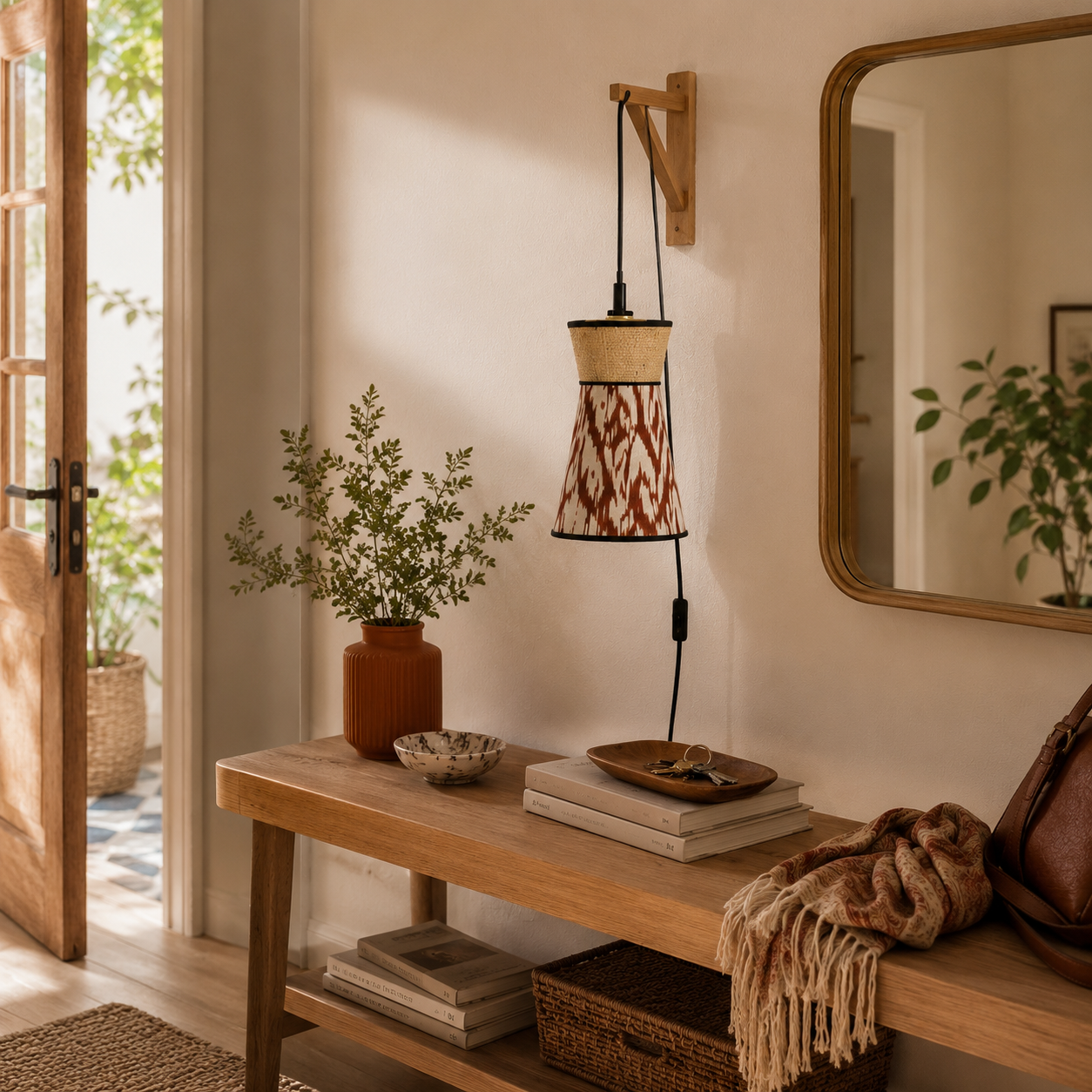 suspension baladeuse bimatière raphia et ikat dans une entrée