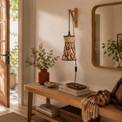 suspension baladeuse bimatière raphia et ikat dans une entrée