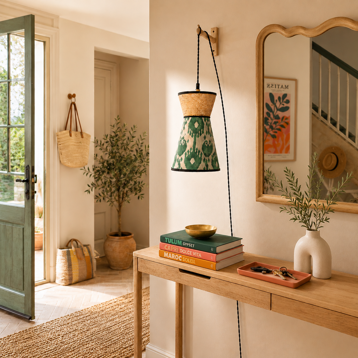 suspension baladeuse motif ikat et raphia dans une entrée
