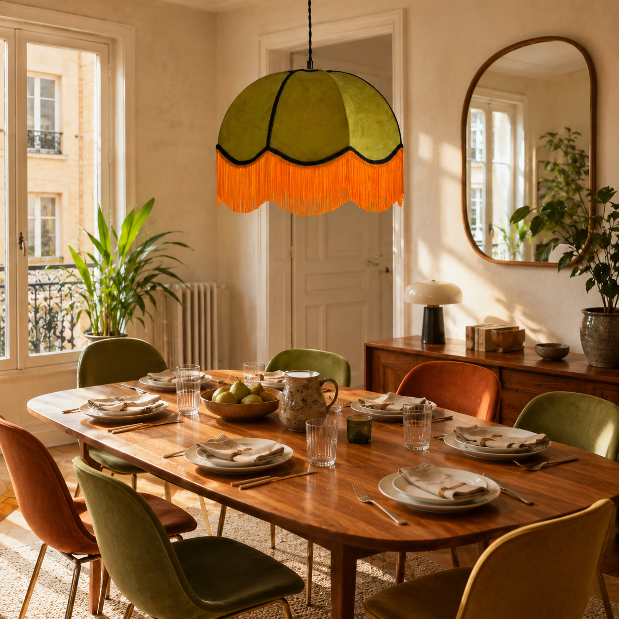 suspension dome en velours et franges au dessus d'une table dans un salon. Fabriquée à Rennes en Bretagne